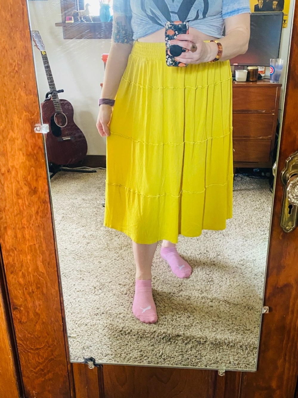 Bright Chartreuse Tiered Midi Skirt